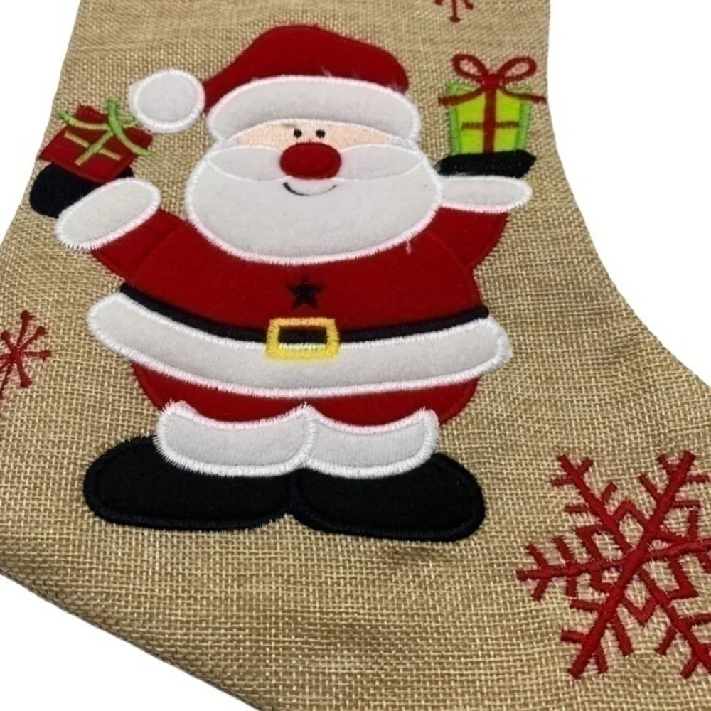 NWOT Merry Christmas Santa Gifts Embroidered Burlap Lined Stocking